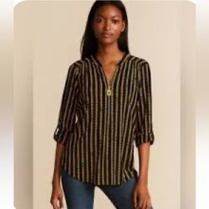 Michael Michael Kors Black w Gold Chain+MK Logos Print+Tab Sleeves Top S NWT